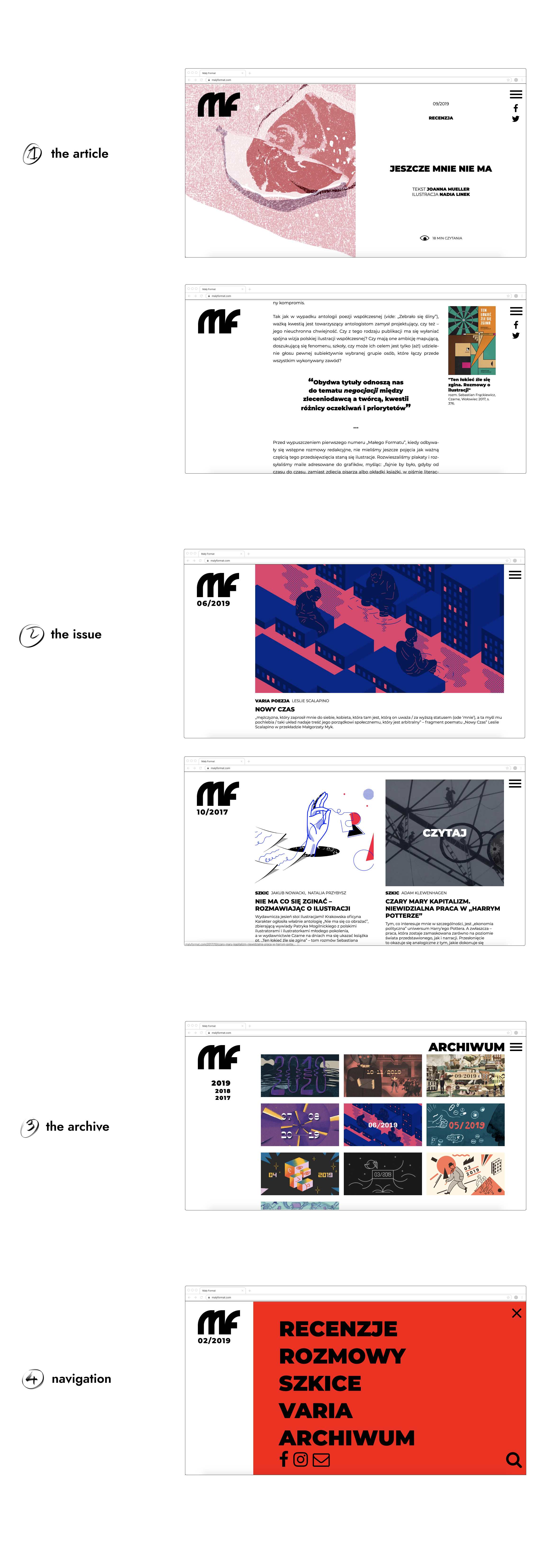 Screens of Mały Format's pages and articles